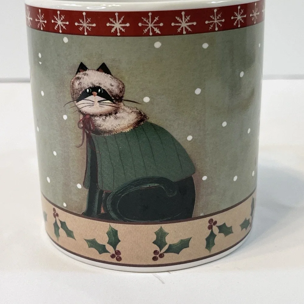 Oneida Holiday Cats Coffee Cup Mug Christmas Fiddlestix Green Sweater Holly Snow